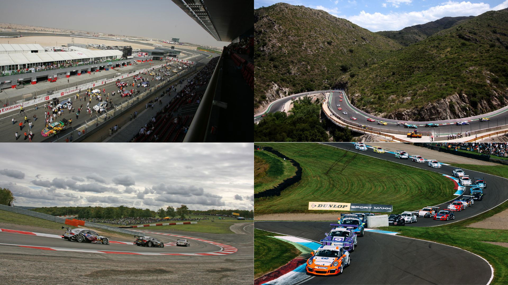 Clockwise from top left: Dubai Autodrome, Potrero de los Funes, Knockhill, Dijon-Prenois